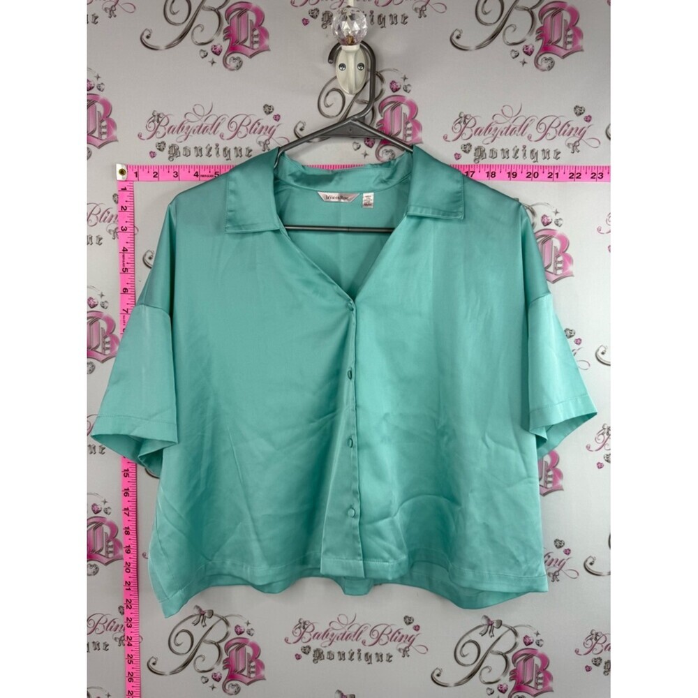 La Vie En Rose shirt tee blue Mint Green Short-Sleeve Button-Down Top shiny